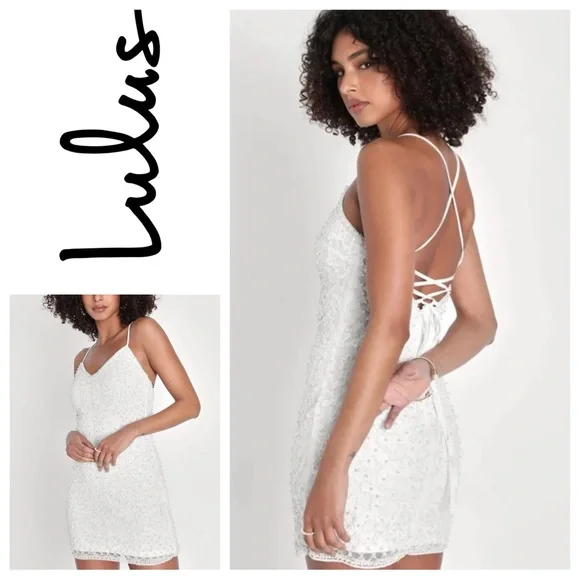 Lulus | Dresses | Lulus Luxe Sensation White Sequin Pearl Laceup Mini Bodycon  Dress Sz | Poshmark